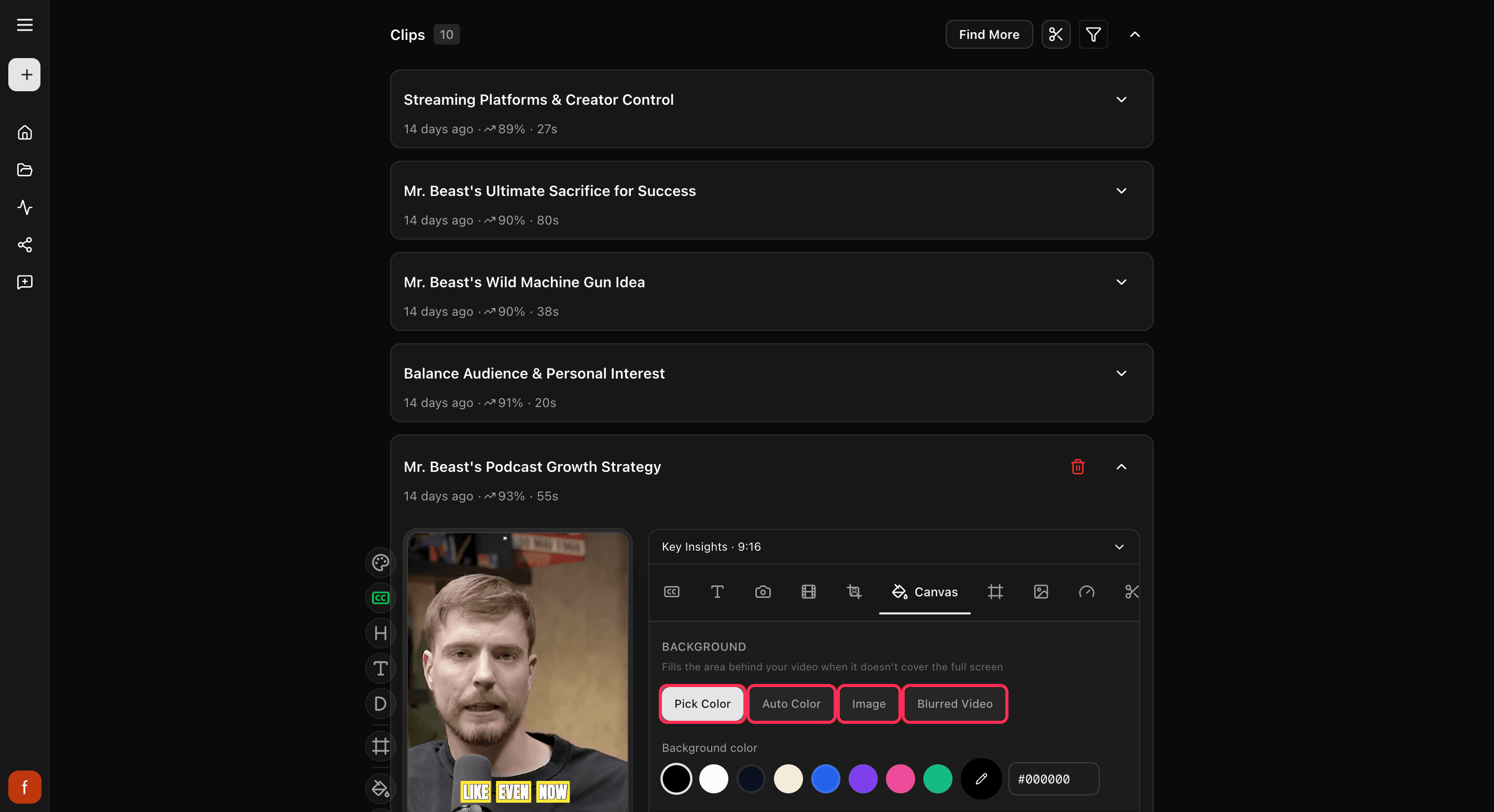 The Canvas tab, with background options and a row of colors.