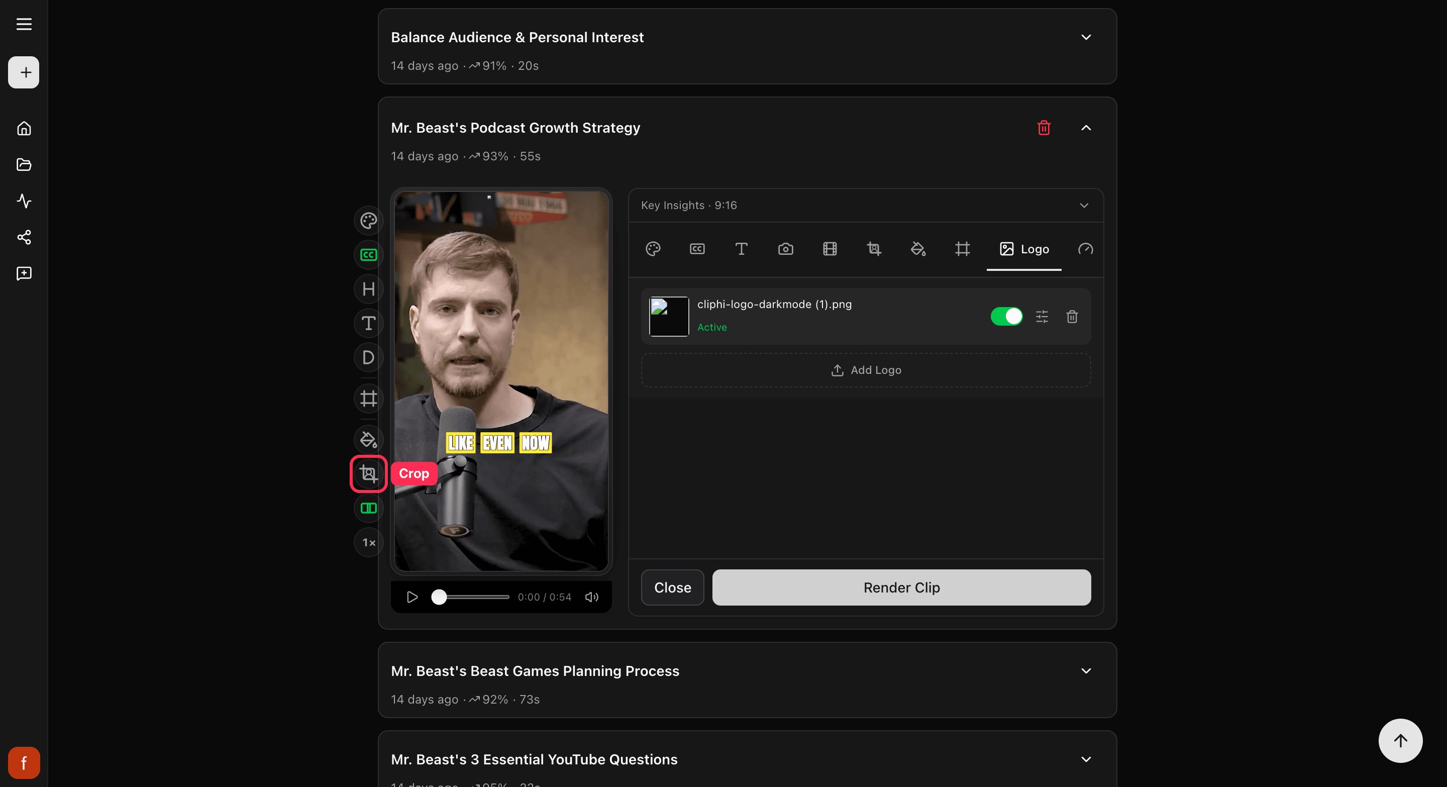 The clip's controls, with the Crop button highlighted on the rail.