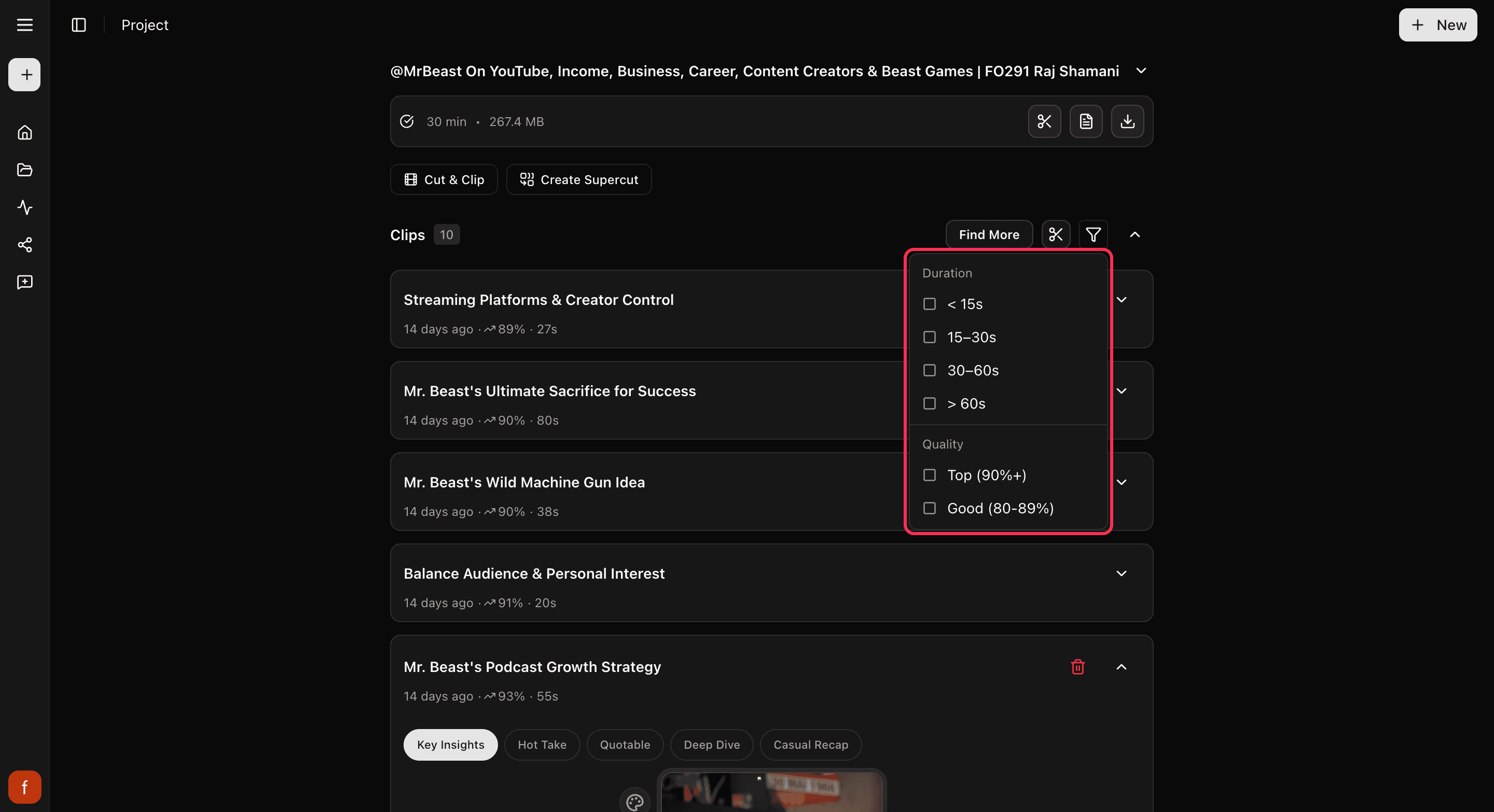 The filter menu, with options for length and how well a clip might do.