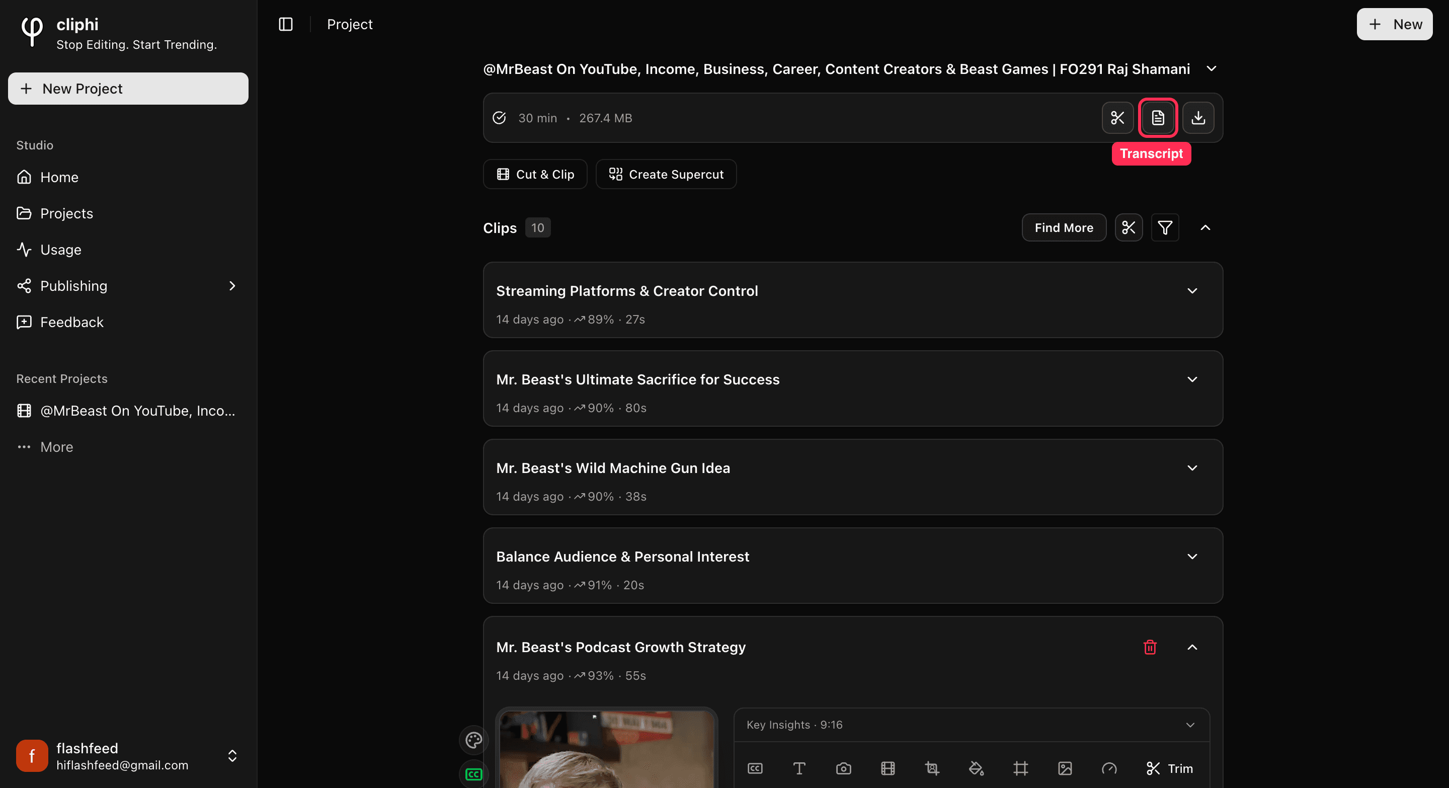The project page, with the Transcript button on the video bar highlighted.