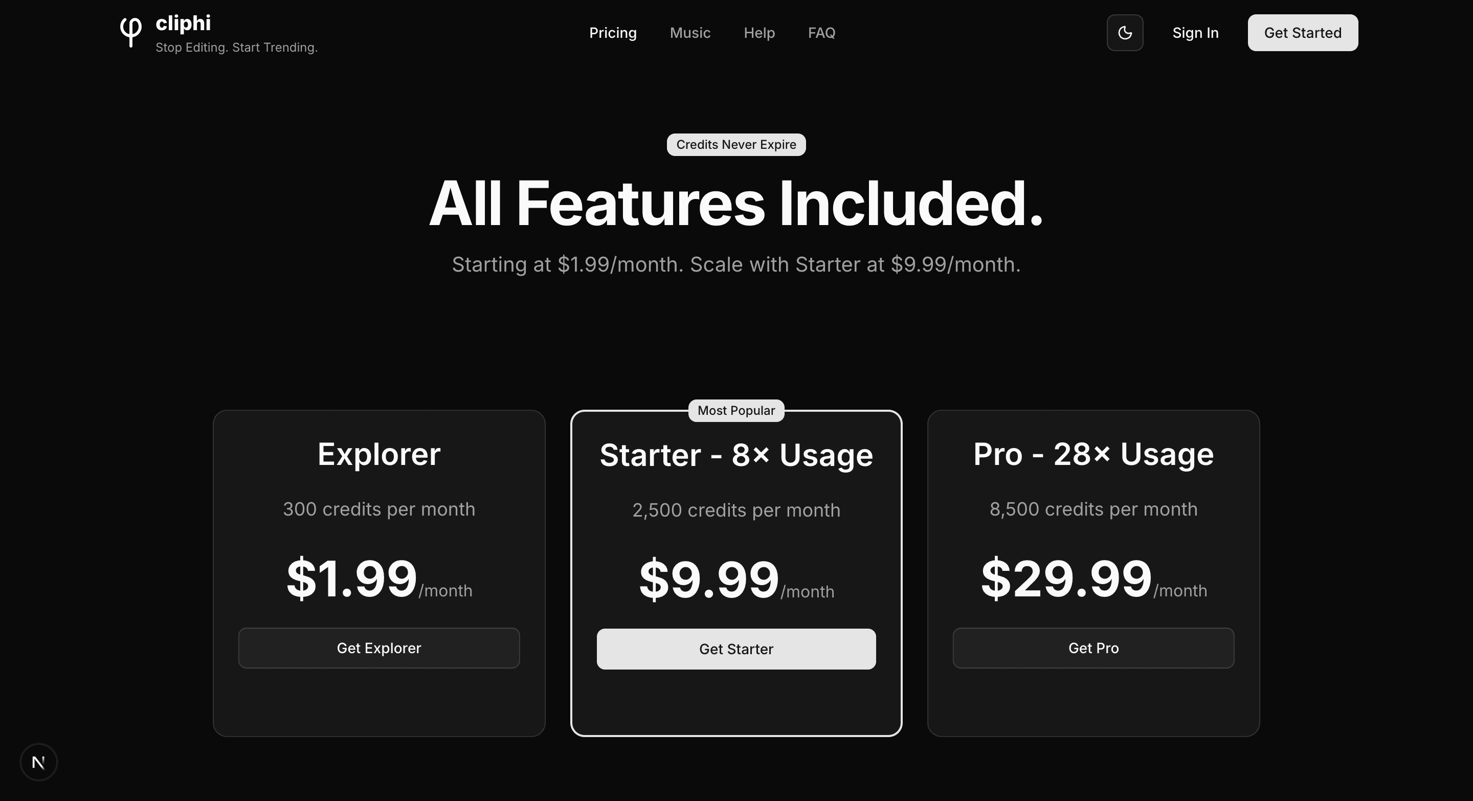 The Cliphi plans, side by side, each showing its monthly credits and price.