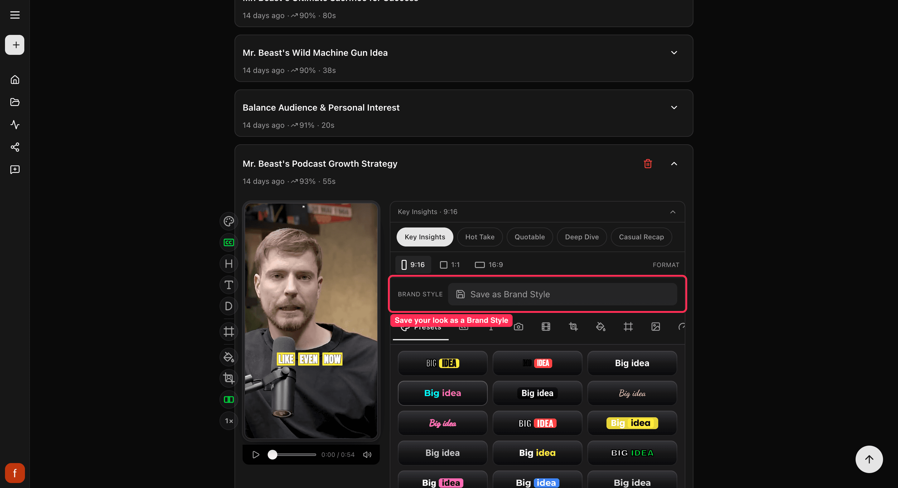 The Presets tab, a grid of ready-made looks to tap.
