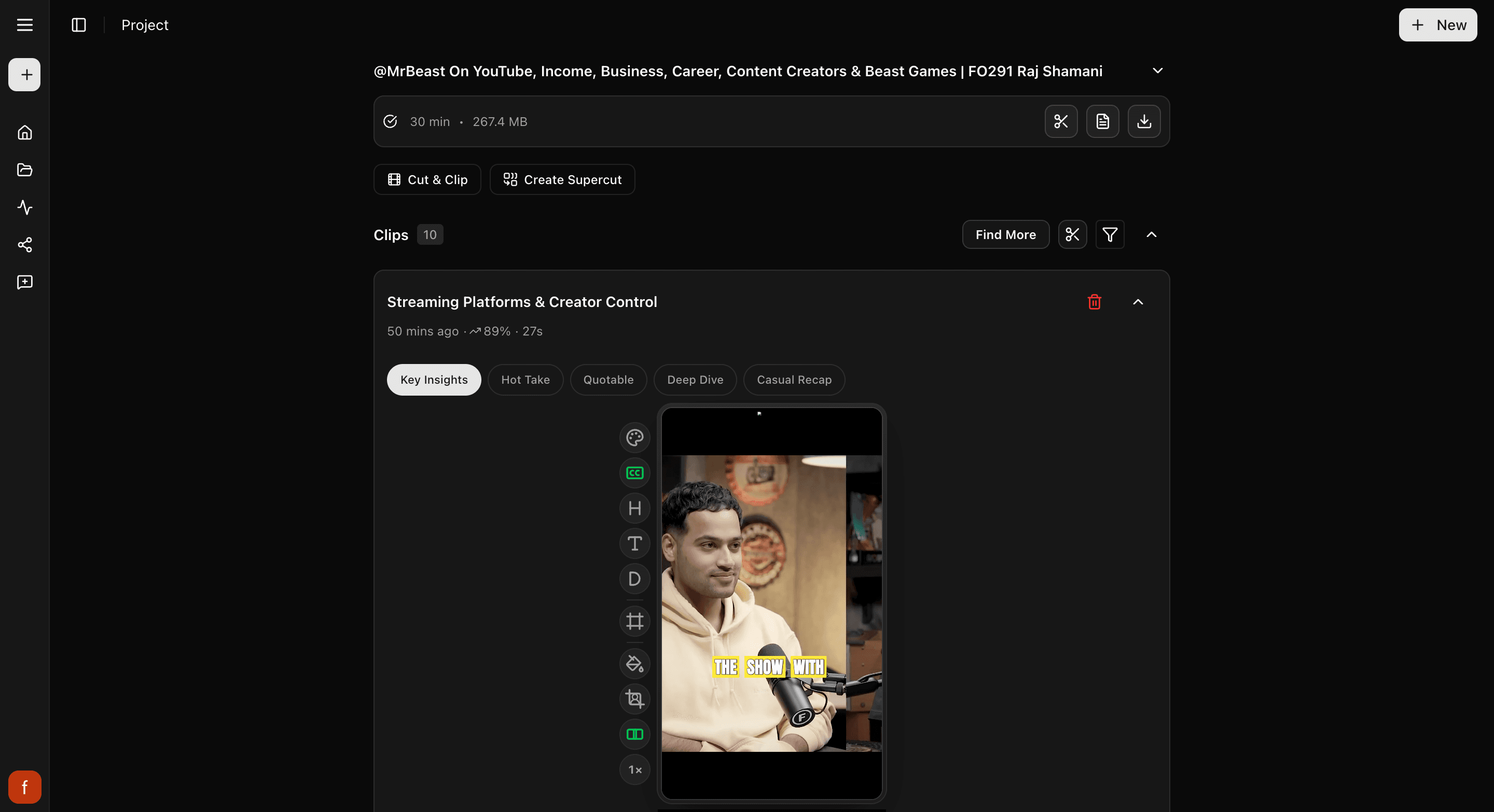 The project page, with your video at the top and your clips below it.