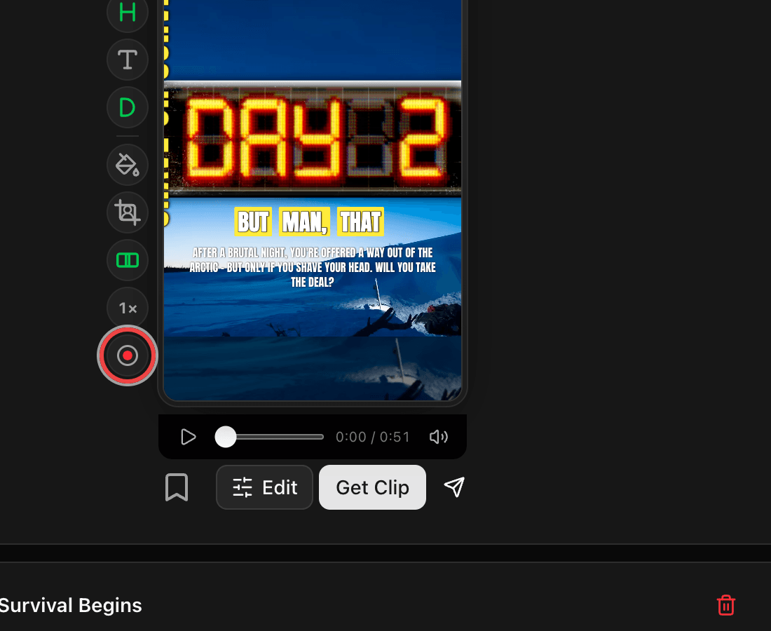 The record button at the bottom of the quick-edit rail.