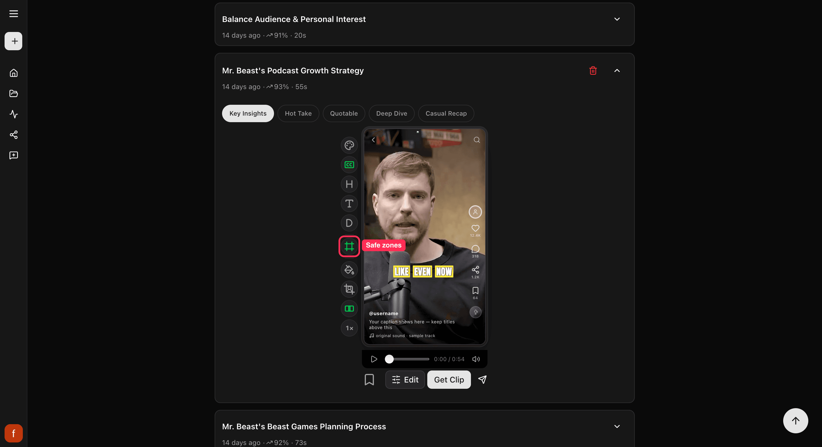 The clip preview with the app buttons and caption bar shown over it, so you can see what your text needs to stay clear of.