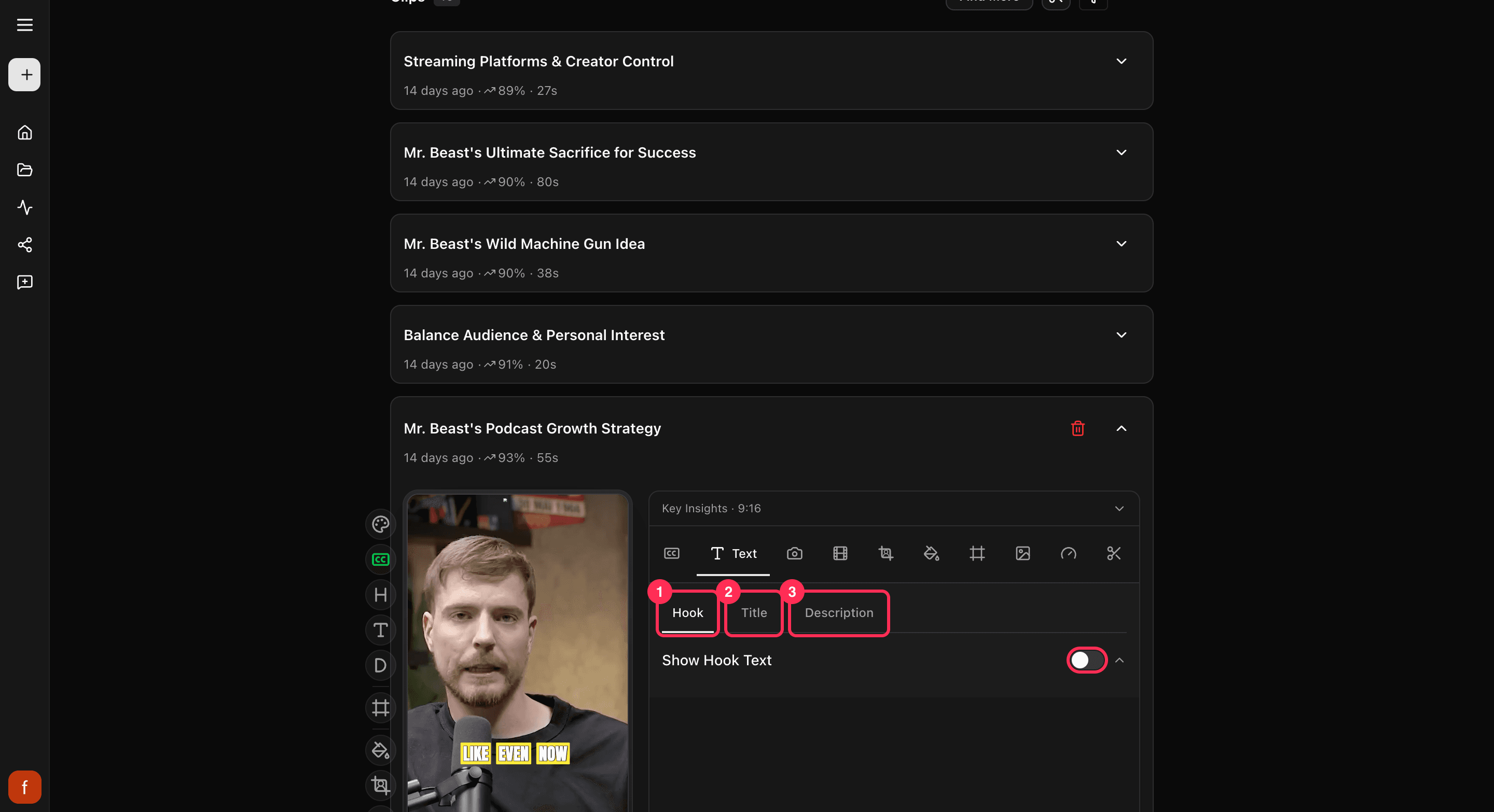 The Text tab, with Hook, Title, and Description, and a Show switch.