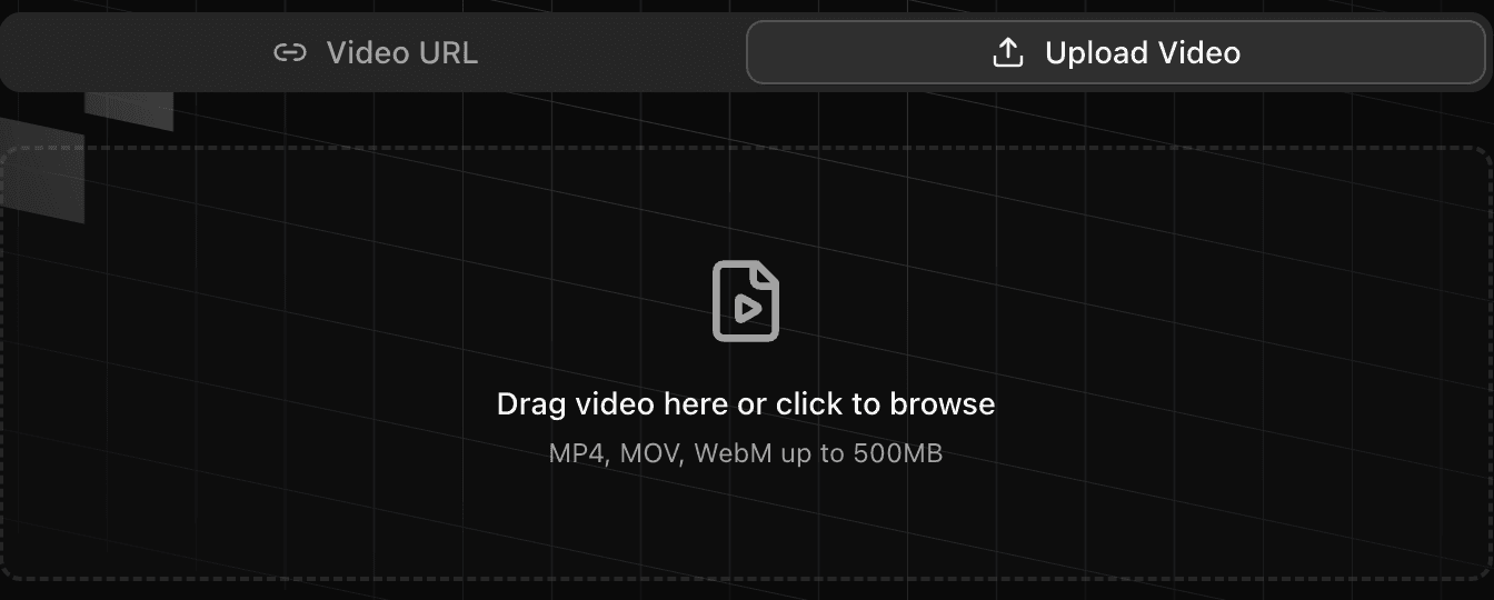 The upload box: drag a video here or click to browse.