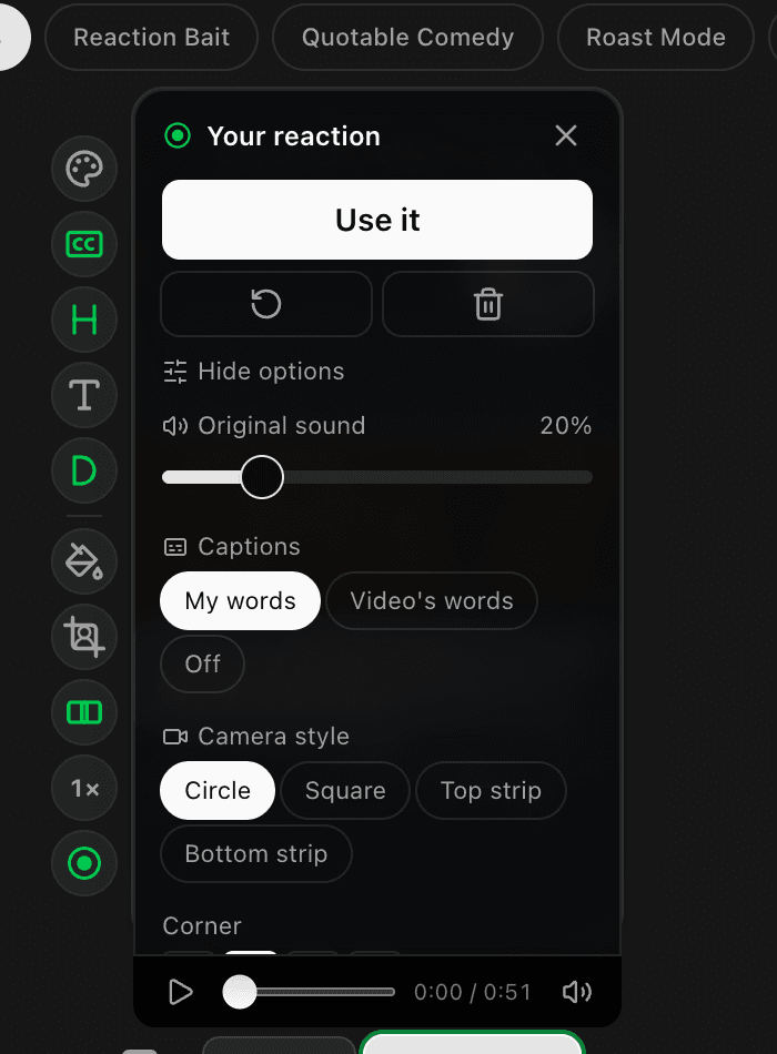 The Adjust panel with the Original sound slider and caption choices.