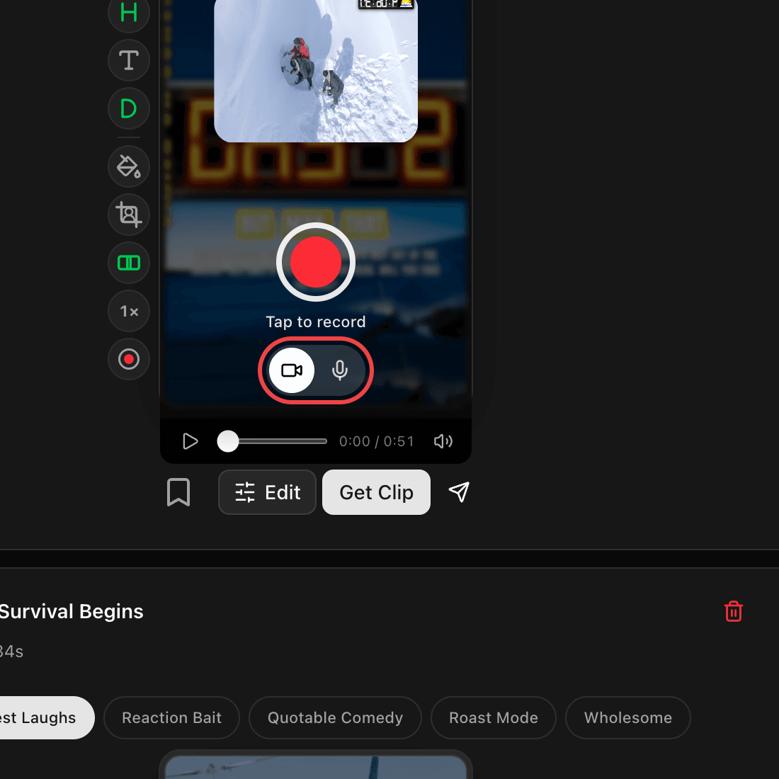 The camera and voice switch under the record button.
