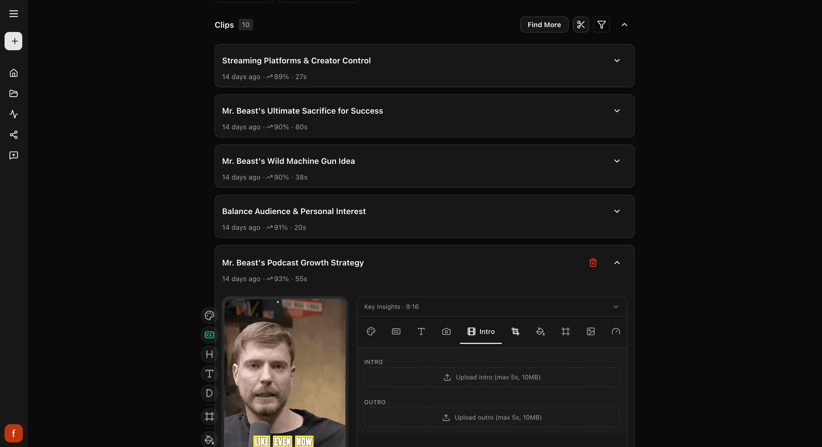 The Intro tab, with spots to upload an intro and an outro.
