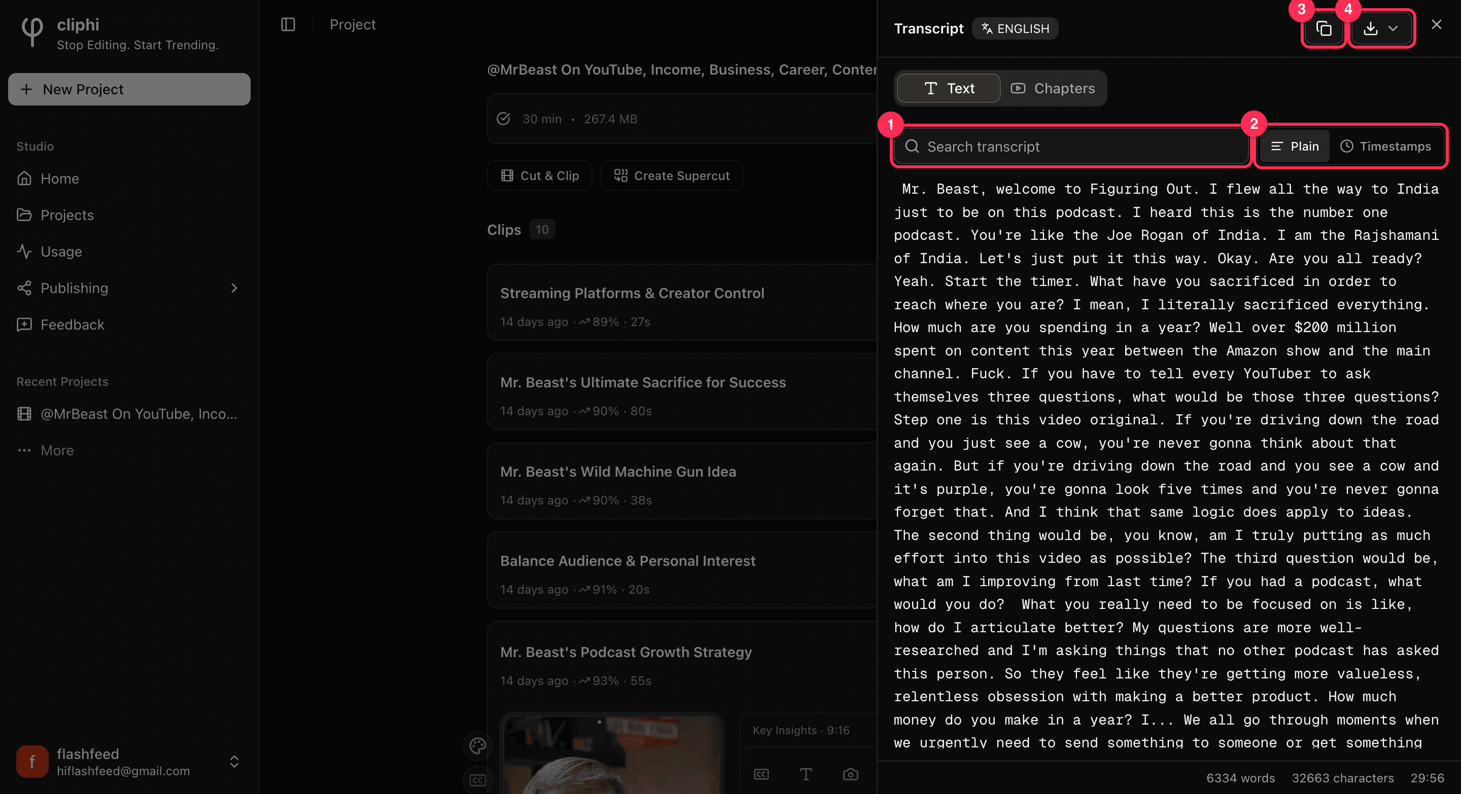 The transcript panel, with the search box, view toggle, copy, and download buttons numbered.