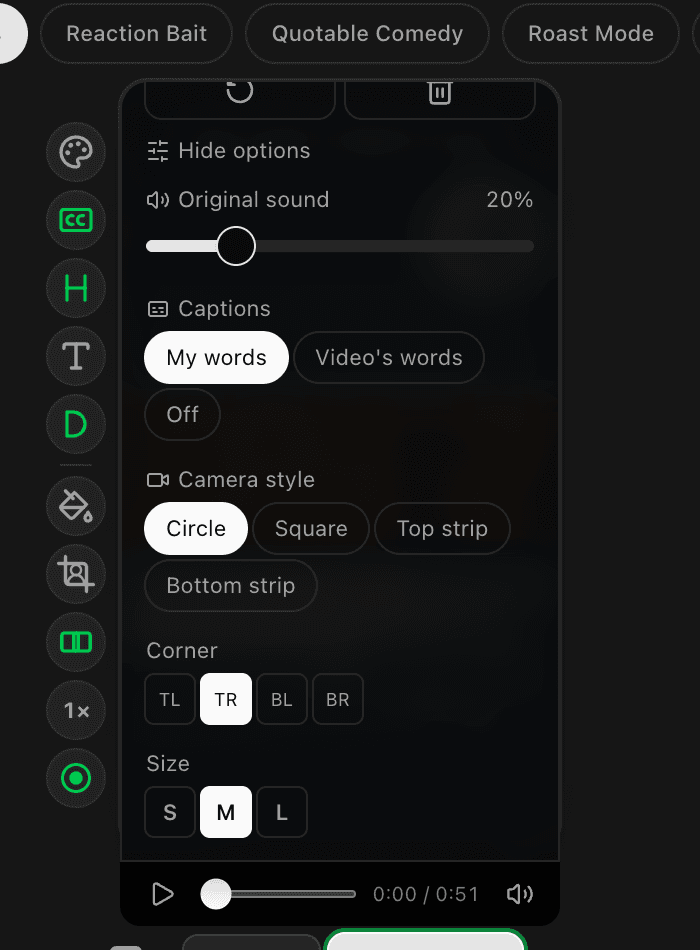 Camera style, corner, and size choices.