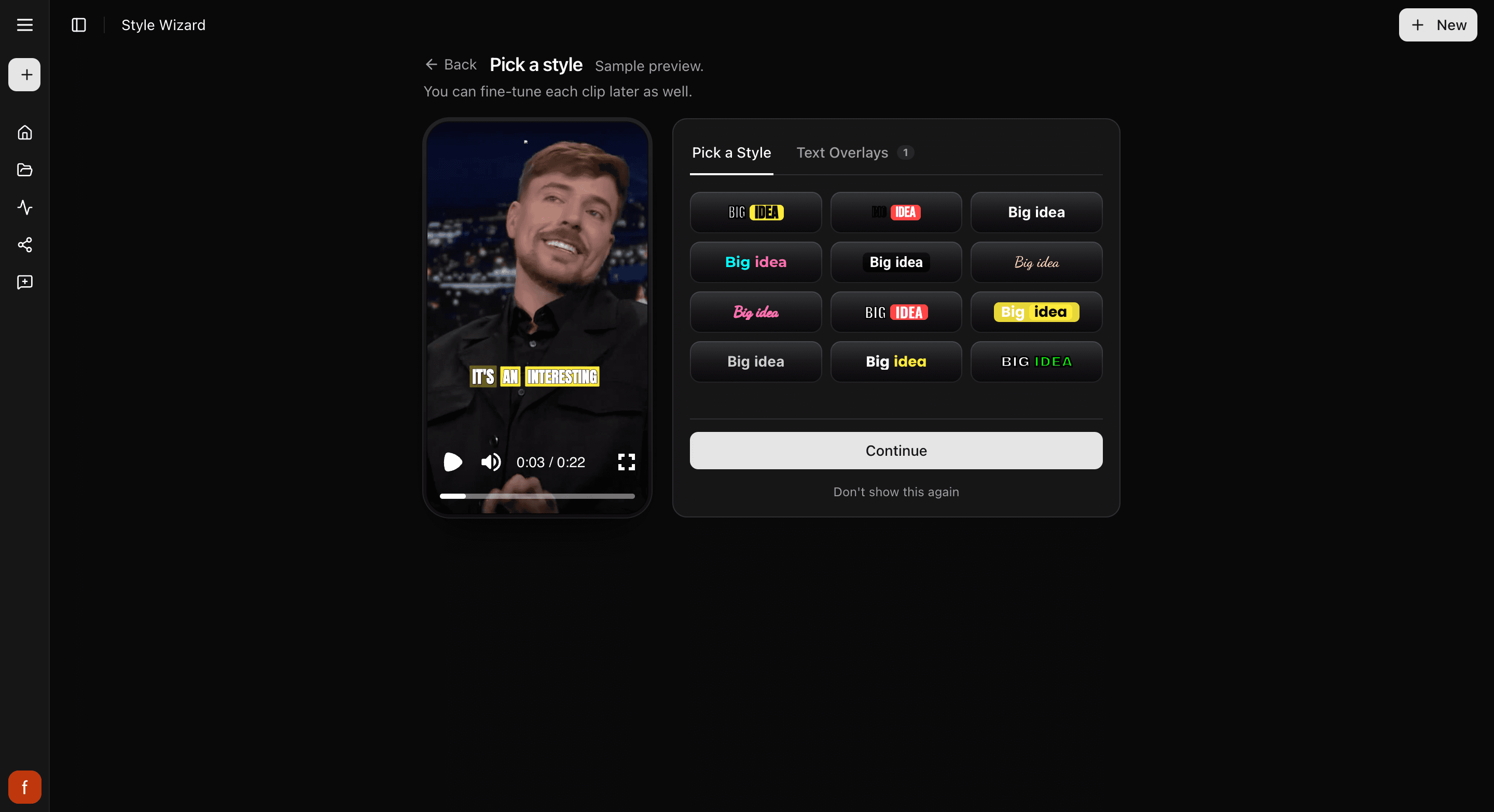 The style picker showing different caption looks to choose from.