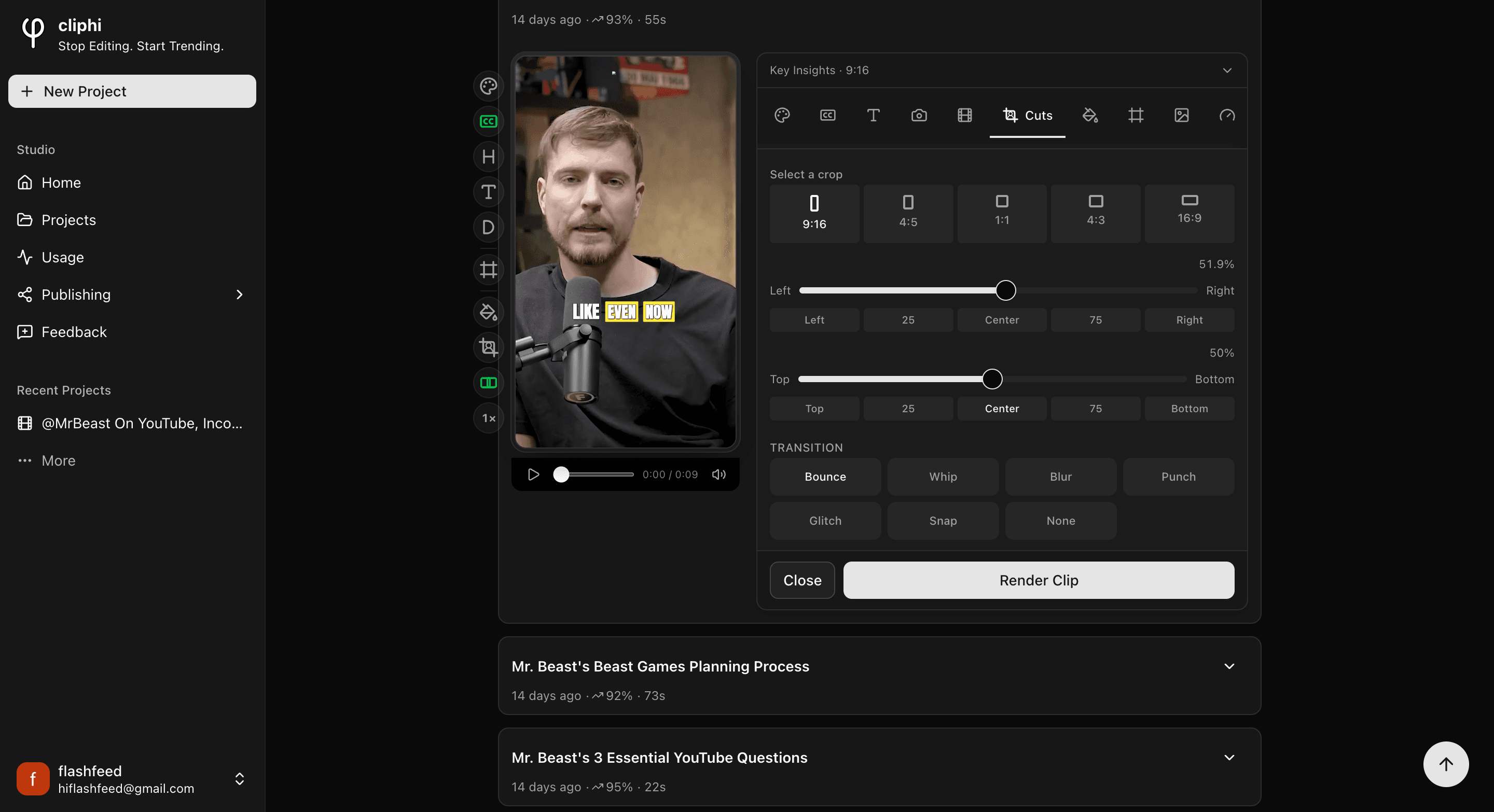 One cut selected, showing its own crop, position sliders, and transition.