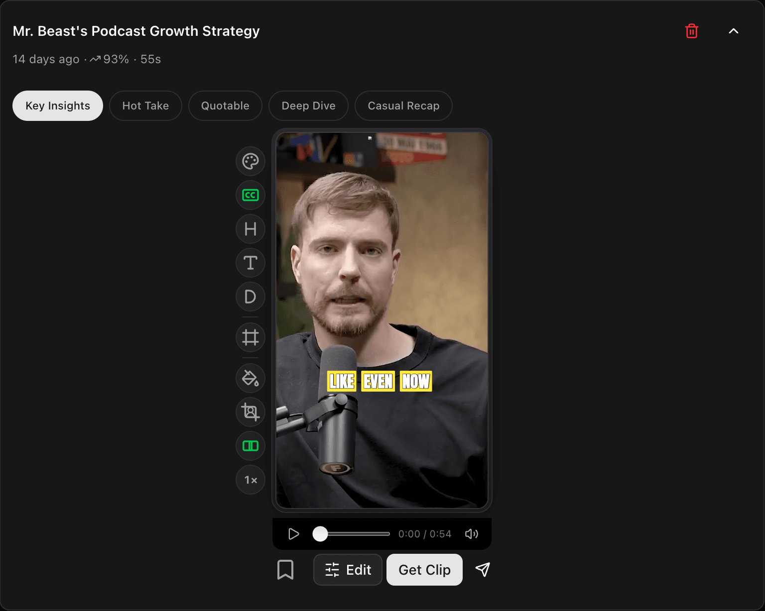 A finished clip, cut tall with the speaker in frame and captions on it.