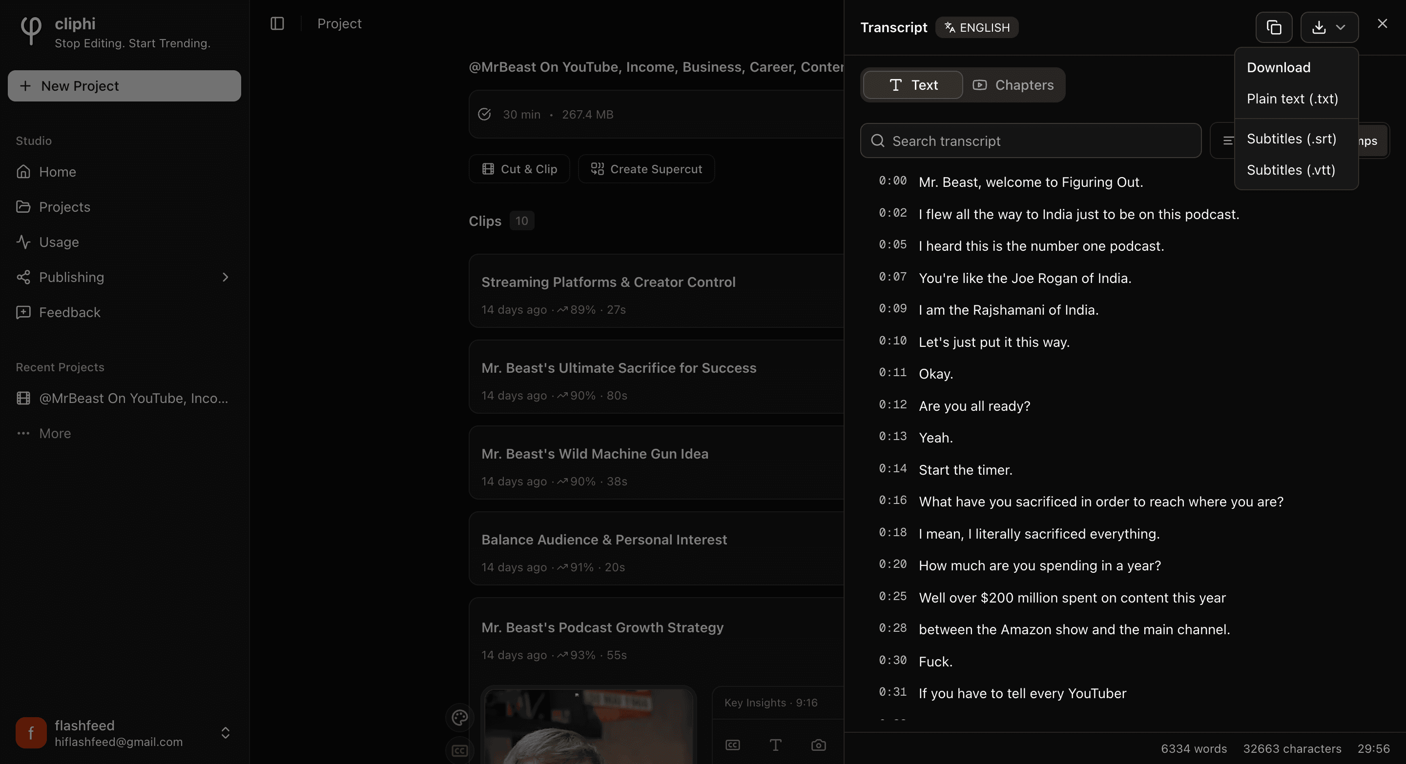 The Download menu open, showing plain text, .srt, and .vtt.