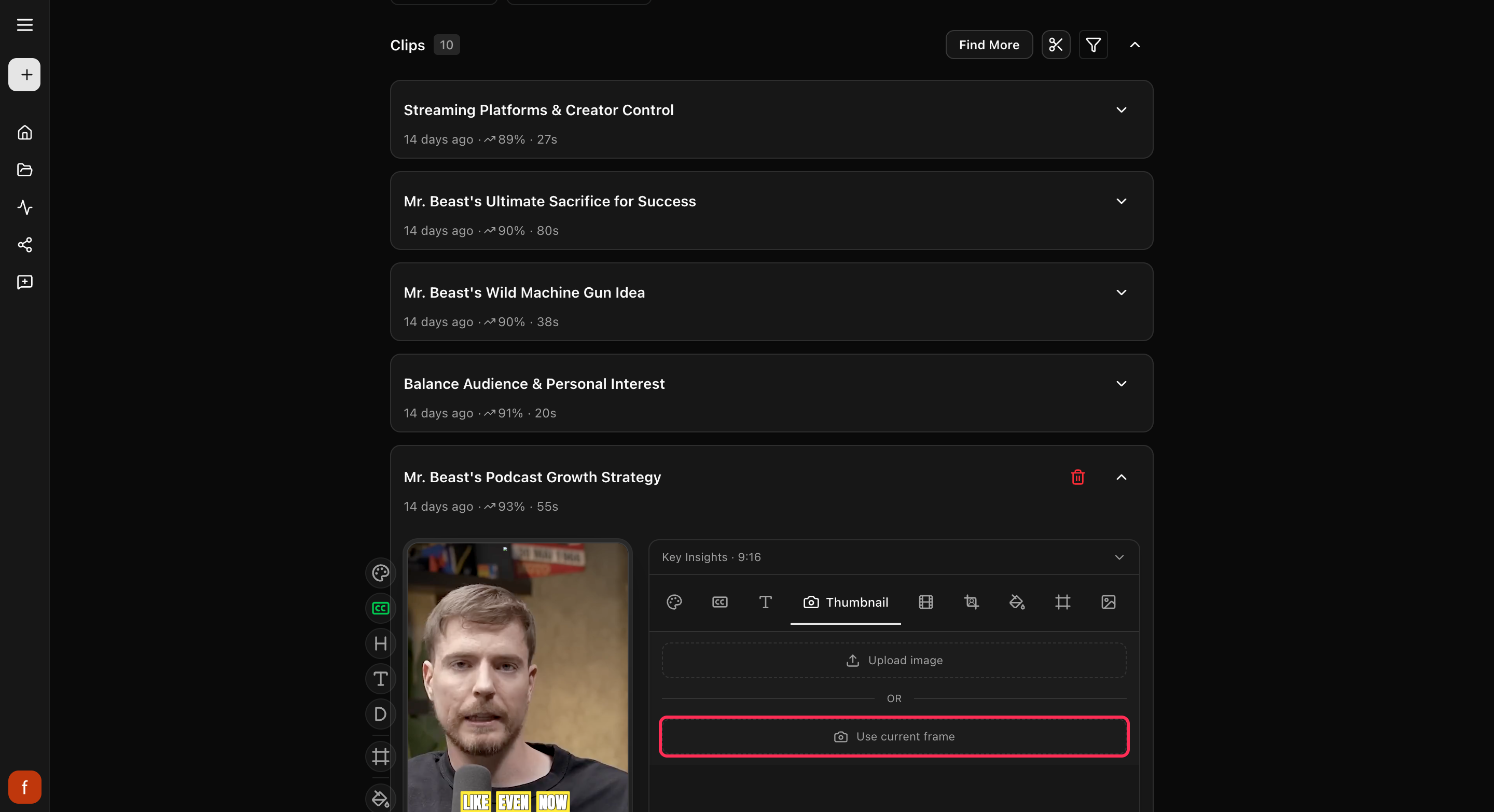 The Thumbnail tab: upload an image or use the current frame.