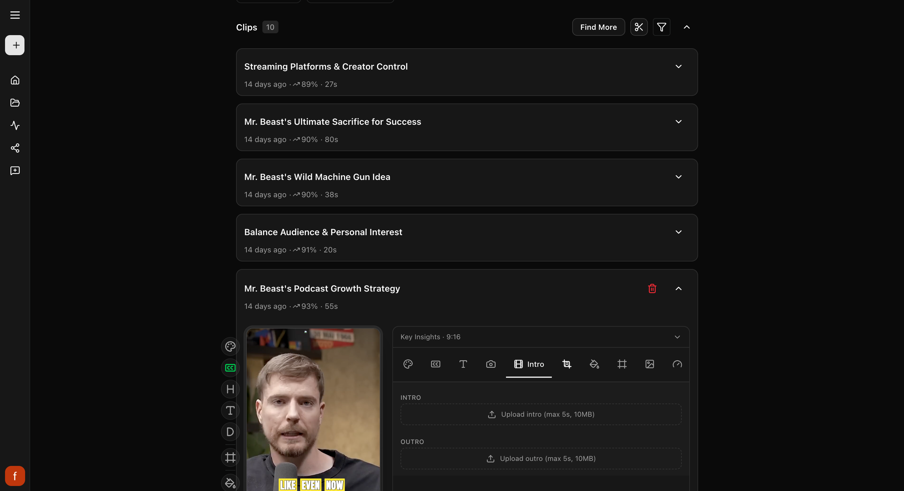 The Intro tab, with spots to upload an intro and an outro.