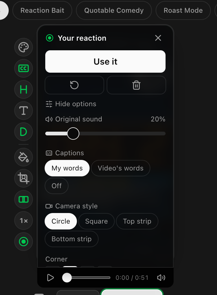 The Adjust panel with the Original sound slider and caption choices.
