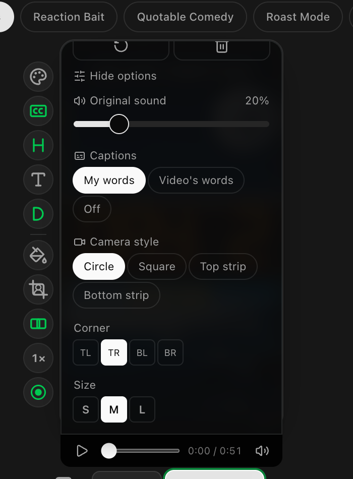 Camera style, corner, and size choices.