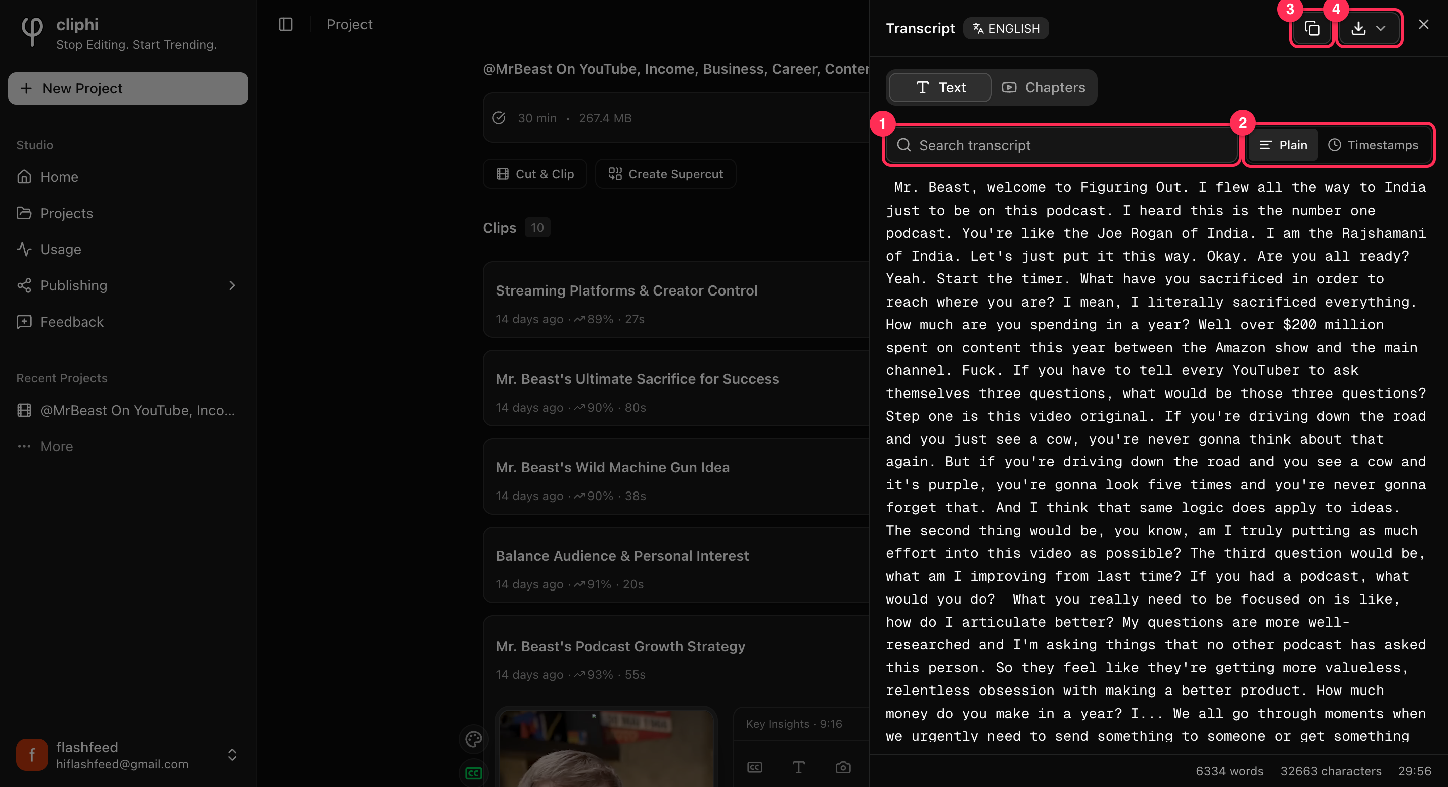 The transcript panel, with the search box, view toggle, copy, and download buttons numbered.