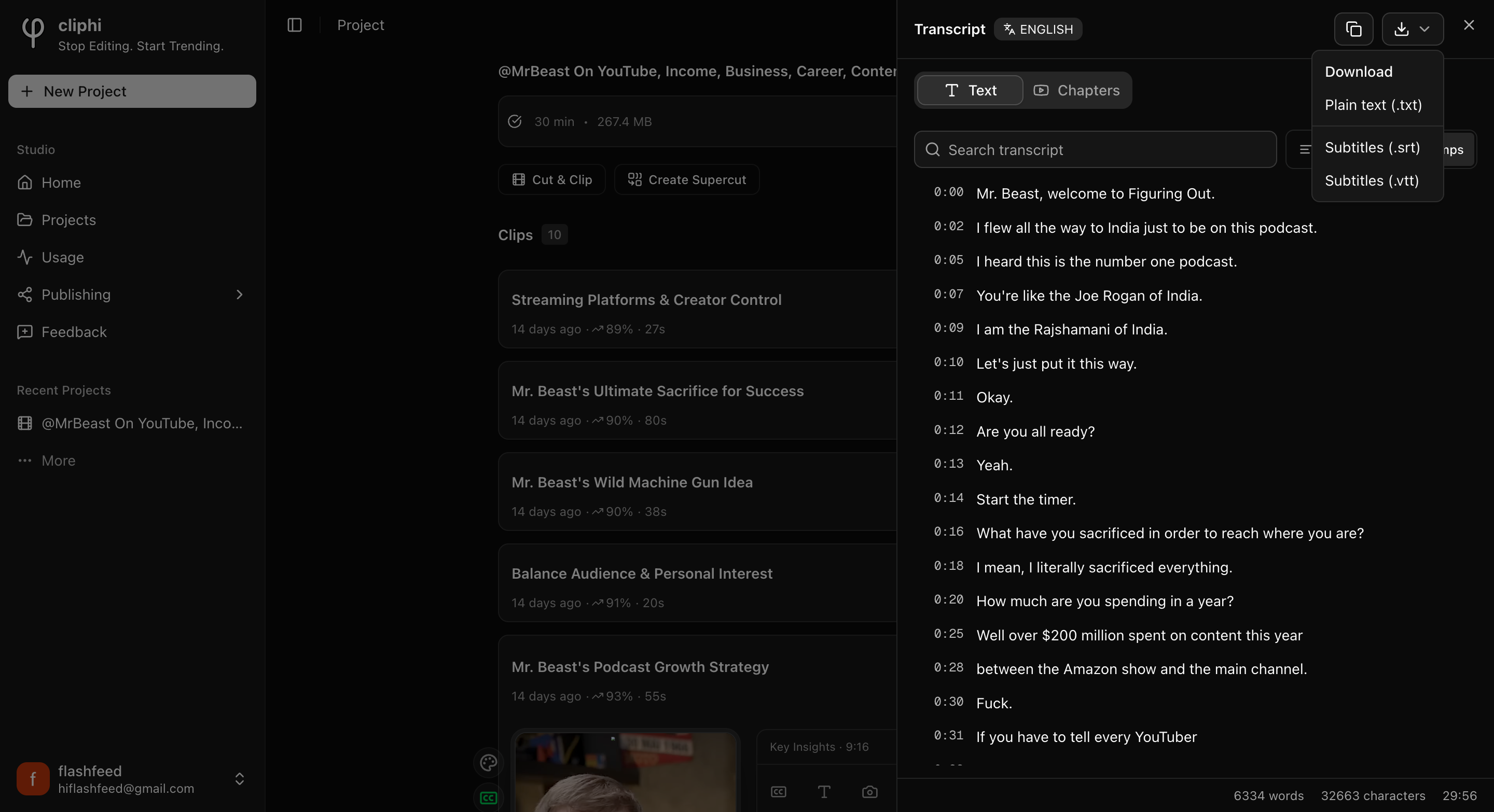 The Download menu open, showing plain text, .srt, and .vtt.