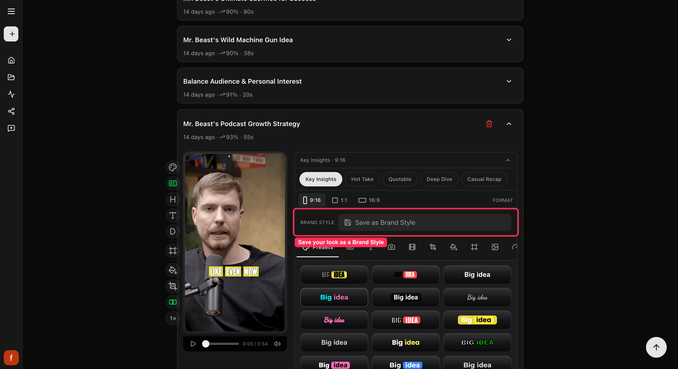 The Presets tab, a grid of ready-made looks to tap.