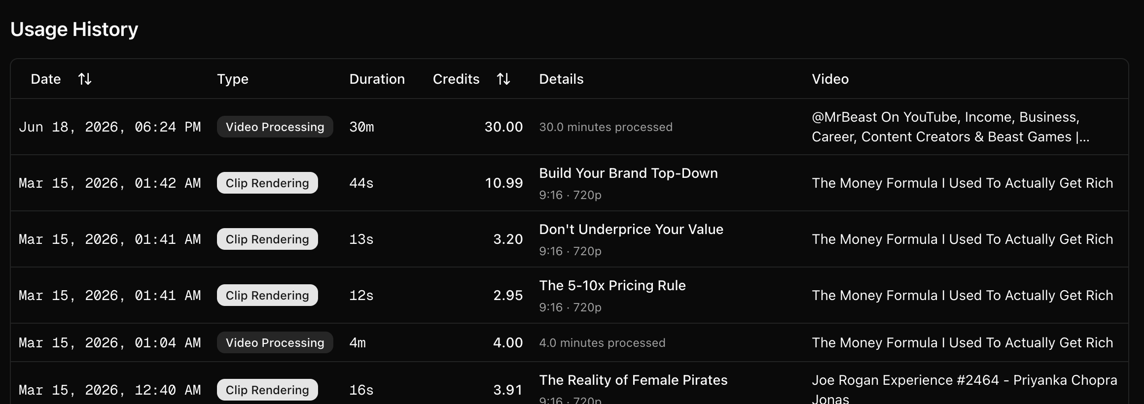 The Usage History table, showing what each credit was spent on.