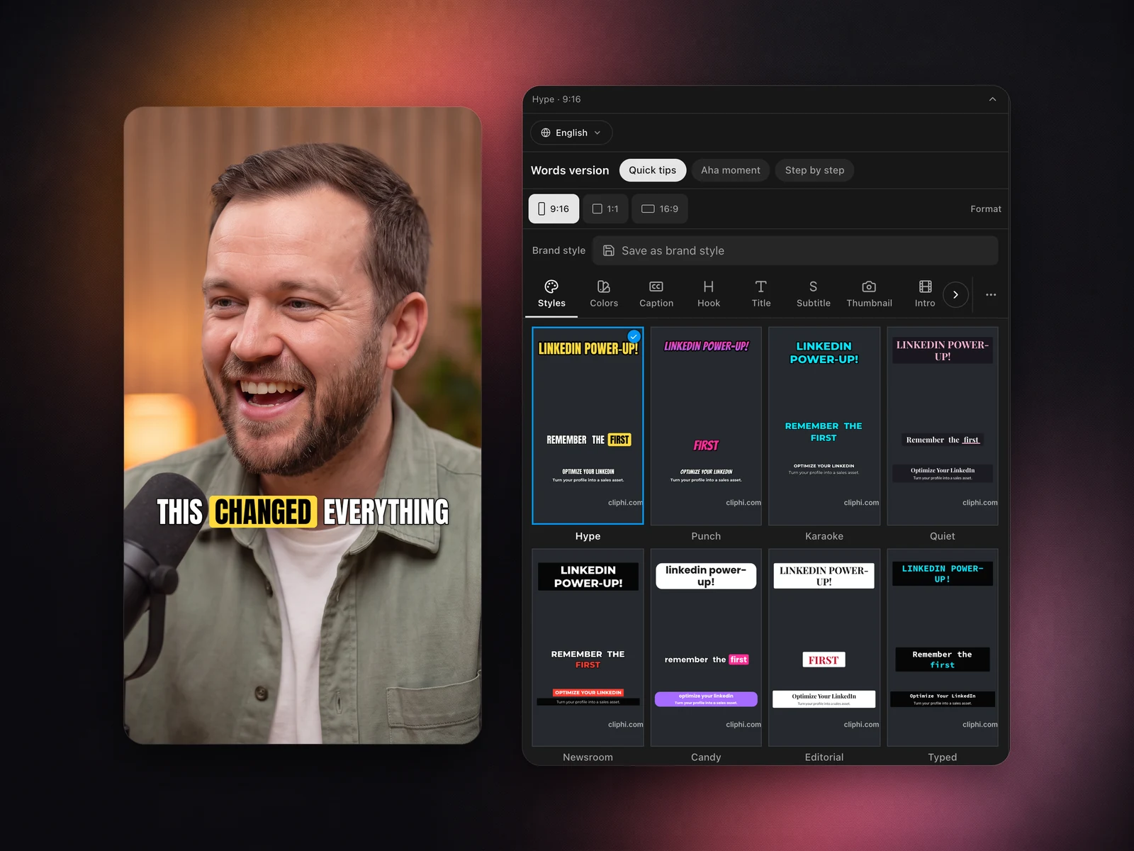 A vertical clip with a bold animated caption, next to the caption styles to pick from