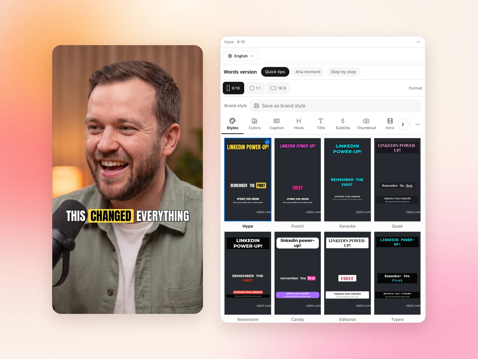 A vertical clip with a bold animated caption, next to the caption styles to pick from