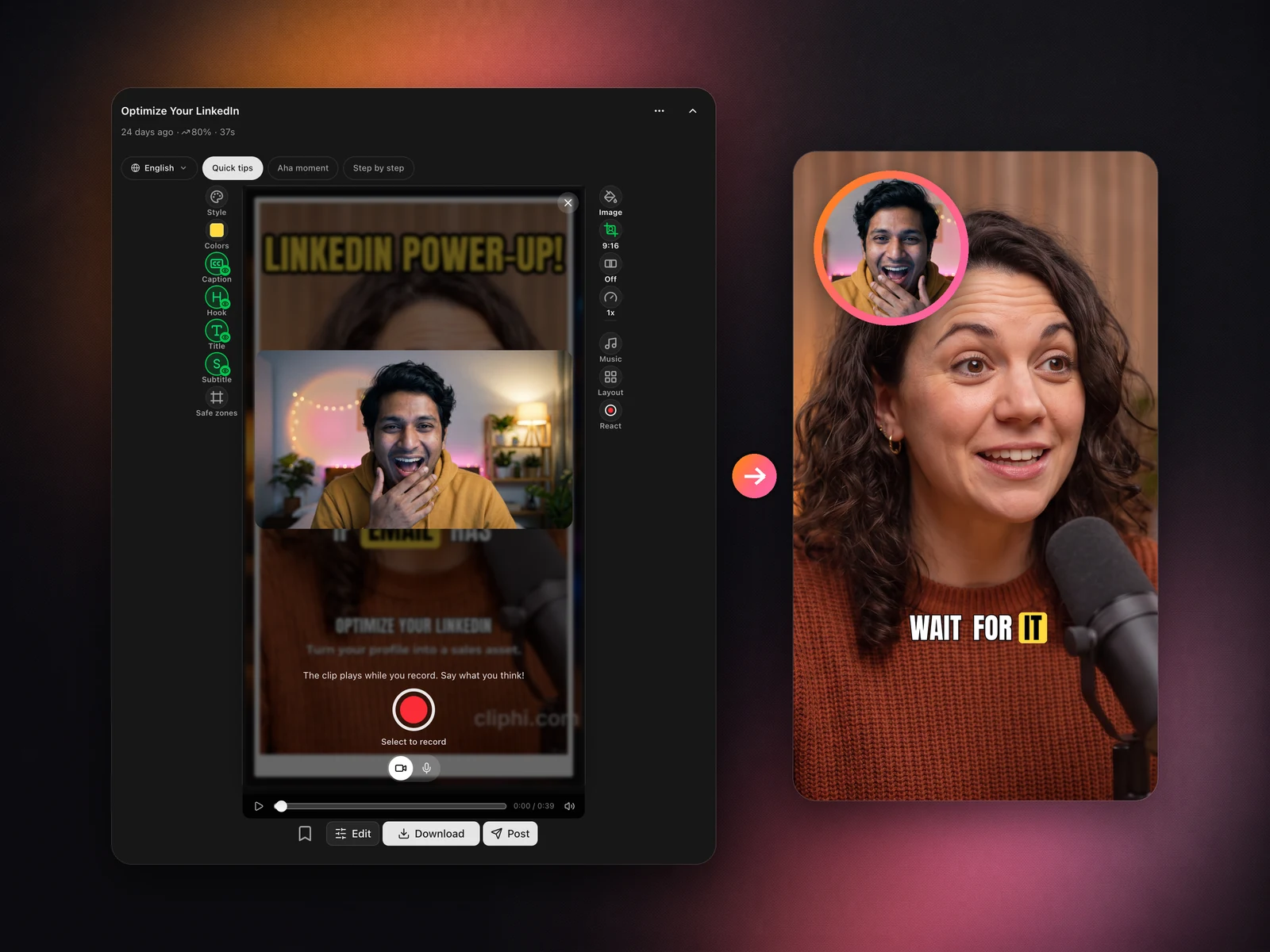 A creator recording a camera reaction over a clip, and the finished clip with their face in a bubble