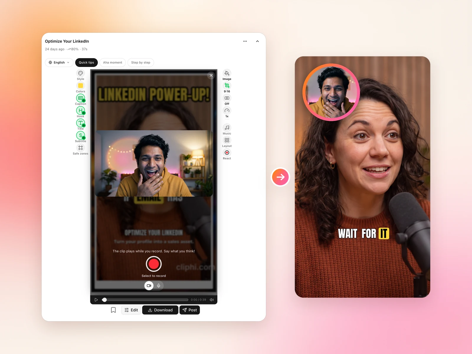 A creator recording a camera reaction over a clip, and the finished clip with their face in a bubble