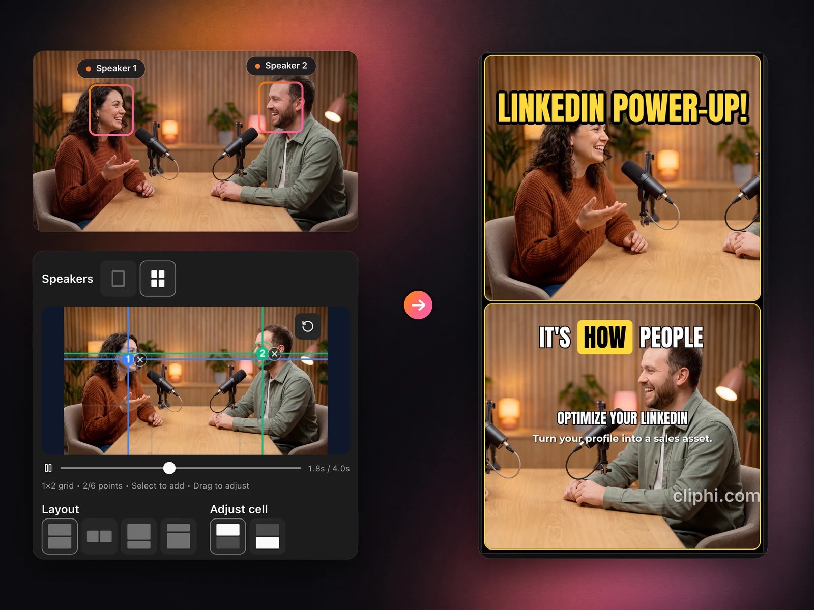 Both speakers tracked in a wide podcast shot, and the vertical clip with one speaker above the other